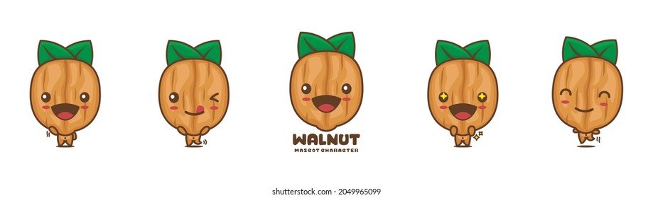 cute walnut cartoon mascot, bean vector illustration, with different facial expressions and poses, isolated on white background