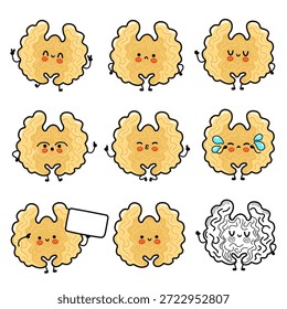 Personagem de nogueira bonito mostrando várias expressões faciais e poses, incluindo feliz, triste, com raiva, chorando, pensando e segurando um sinal em branco, apresentado como um pacote de sementes adesivo ou emoticon set