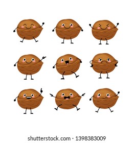 Cute walnut   characters set  with different emotions vector illustration.  Funny nuts