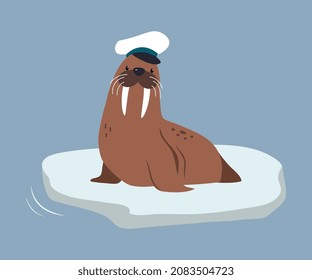 Cute Walrus as Arctic Animal with White Tusks Wearing Seaman Hat Vector Illustration