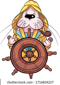 Cute walrus captain in sailor suit at the helm of the ship, cartoon hand drawn vector illustration