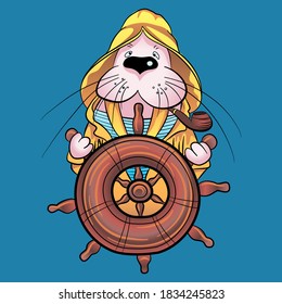 Cute walrus captain in sailor suit at the helm of the ship, cartoon hand drawn vector illustration