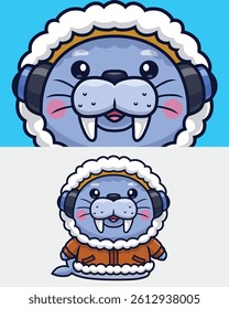 Cute Walrus Cartoon Character Wearing Winter Coat – Vector Animal Illustration