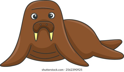 Cute walrus cartoon. Flat vector illustration. Wild life animals. Cute animal on white background