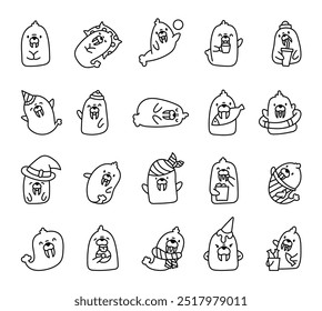 Cute walrus character. Coloring Page. Kawaii cartoon sea animal. Hand drawn style. Vector drawing. Collection of design elements.