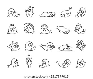 Cute walrus character. Coloring Page. Kawaii cartoon sea animal. Hand drawn style. Vector drawing. Collection of design elements.