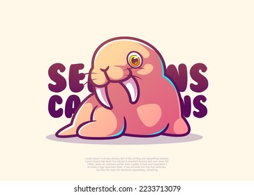 cute walrus character illustration, icon vector, flat cartoon style.