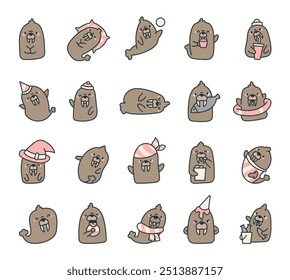 Cute walrus character. Kawaii cartoon sea animal. Hand drawn style. Vector drawing. Collection of design elements.