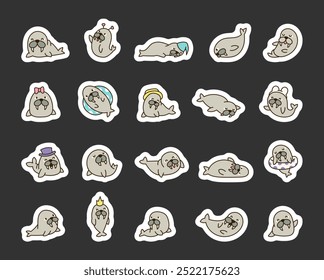 Cute walrus character. Sticker Bookmark. Kawaii cartoon sea animal. Hand drawn style. Vector drawing. Collection of design elements.