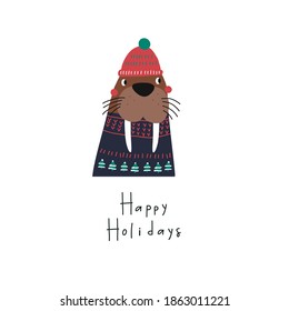 Cute walrus character - vector print. Christmas print with walrus