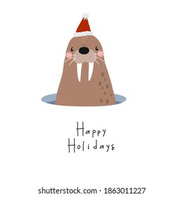 Cute walrus character - vector print. Christmas print with walrus