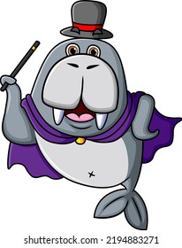 The cute walrus is doing the magic with the magician costume and the magic stick of illustration