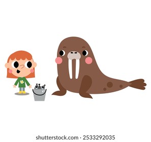 Cute walrus with a girl and fish feeding from the bucket cartoon character isolated on white background.
