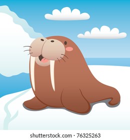 Cute Walrus Happy Resting On Floating Iceberg