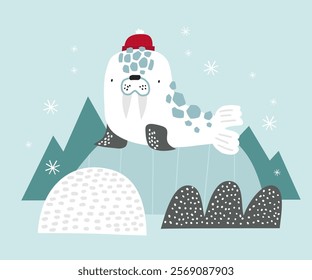 Cute walrus in hat, mountains, iceberg and snowflake. Merry Christmas. Happy New Year. Cute cartoon baby character. Arctic animal. Kids postcard, poster, print. Vector illustration. Scandinavian