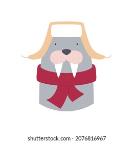 Cute walrus in a hat and a scarf . Vector illustration for cards, invitations, stickers, t-shirts