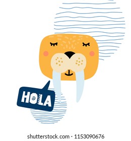 Cute walrus head vector illustration. Design element, clipart for baby products with hand drawn cartoon walrus, sea lion drawing 