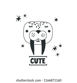 Cute walrus head vector illustration. Design element, modern style clipart with hand drawn cartoon sea lion in black and white 