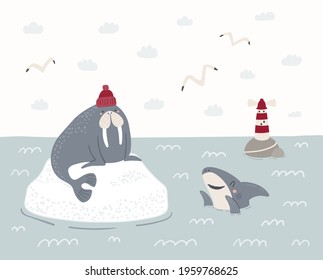 Cute walrus on an iceberg, shark, lighthouse, gulls. Childish sea, ocean landscape. Hand drawn vector illustration. Scandinavian style flat design. Concept for nautical kids print, poster, wallpaper.