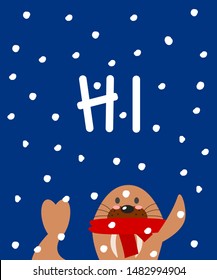 Cute walrus in red scarf say hi with snow falling background. Vector illustration.