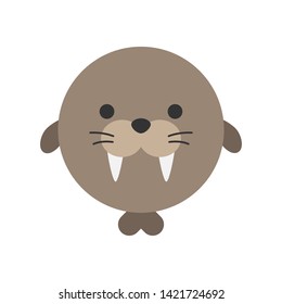 Cute Walrus Round Graphic Vector Icon. Brown Walrus With Teeth And Flippers, Animal Head, Face Illustration. Isolated.