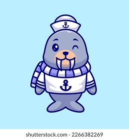 Cute Walrus Sailor Captain Cartoon Vector Icon Illustration. Animal Holiday Icon Concept Isolated Premium Vector. Flat Cartoon Style