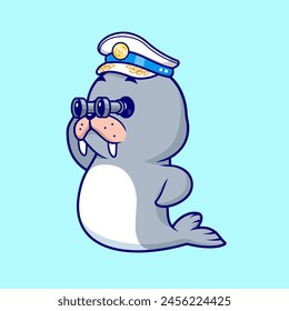 Cute Walrus Sailor Captain Looking With Binocular Cartoon Vector Icon Illustration. Animal Holiday Icon Concept Isolated Premium Vector. Flat Cartoon Style