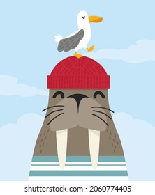 Cute walrus sailor shirt with red hat cartoon