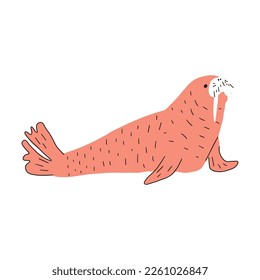 Cute walrus in Scandinavian style on a white background. Vector hand drawn kids illustration. Sea ocean. Underwater world