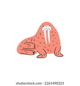 Cute walrus in Scandinavian style on a white background. Vector hand drawn kids illustration. Sea ocean. Underwater world