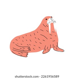 Cute walrus in Scandinavian style on a white background. Vector hand drawn kids illustration. Sea ocean. Underwater world