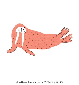 Cute walrus in Scandinavian style on a white background. Vector hand drawn kids illustration. Sea ocean. Underwater world