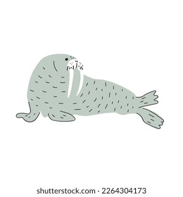 Cute walrus in Scandinavian style on a white background. Vector hand drawn kids illustration. Sea ocean. Underwater world
