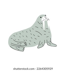 Cute walrus in Scandinavian style on a white background. Vector hand drawn kids illustration. Sea ocean. Underwater world