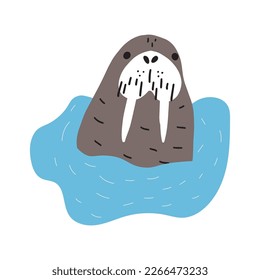 Cute walrus in Scandinavian style on a white background. Vector hand drawn kids illustration. Sea ocean. Underwater world