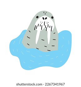 Cute walrus in Scandinavian style on a white background. Vector hand drawn kids illustration. Sea ocean. Underwater world