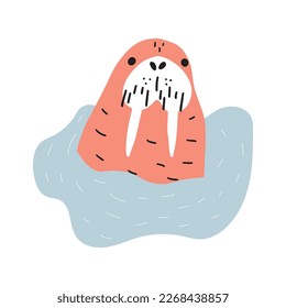 Cute walrus in Scandinavian style on a white background. Vector hand drawn kids illustration. Sea ocean. Underwater world