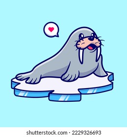 Cute Walrus Sea Lion On Ice Cartoon Vector Icon Illustration. Animal Nature Icon Concept Isolated Premium Vector. Flat Cartoon Style