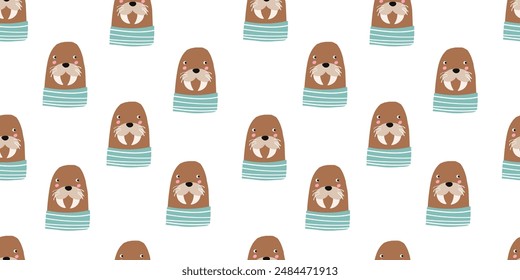 Cute walrus seamless pattern. animal cartoon character. flat vector illustration. Template for Notebook covers, pattern for wallpapers, textile or nature background. childish motifs, wildlife theme
