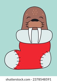 Cute walrus sleeps in a Christmas stocking. Gift for Christmas. Christmas vector illustration.