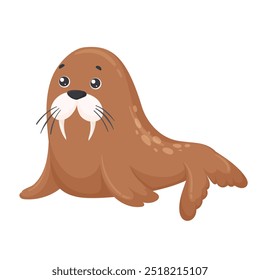 Cute walrus vector drawing isolated on white background. Walrus in flat style. Vector illustration for decoration of cards, posters, textiles