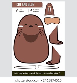 Cute walrus vector illustration. Educational paper game for kids. Fun cut and glue activity.