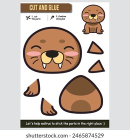 Cute walrus vector illustration. Educational paper game for kids. Fun cut and glue activity.