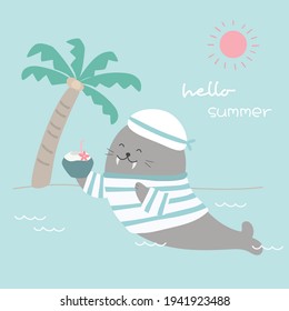 Cute walrus wearing sailor suit holds a coconut under palm in the sea, Hand drawn style flat vector illustration, Animals summer time concept