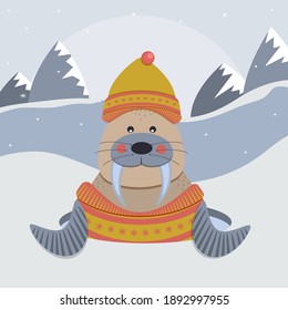 Cute walrus in yellow sweater climbs out of hole. vector illustration. 