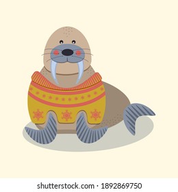 Cute walrus in yellow sweater. vector illustration. 
