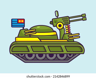 Cute War Machine Tank in Cartoon. Vehicle Vector Illustration. Flat Style Concept.