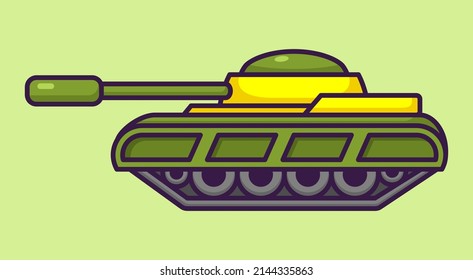 Cute War Machine Tank in Cartoon. Vehicle Vector Illustration. Flat Style Concept.