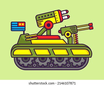 Cute War Machine Tank in Cartoon. Vehicle Vector Illustration. Flat Style Concept.