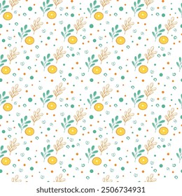 Cute warm and autumn seamless pattern with orange and green leaves. Dots pattern, on white background. Vector pattern